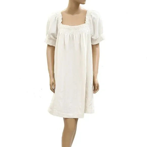 Free People Est Mila Mini Dress Smocked Puff Sleeve Shift Ivory S New 285490 - Picture 2 of 5